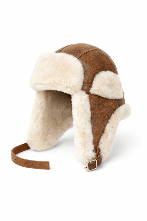 Czapka pilotka zimowa skórzana ocieplana - Jasny brąz